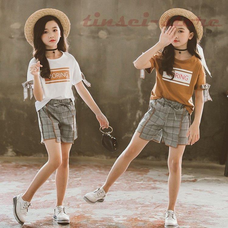 韓国子供服 セットアップ 夏 女の子 ジュニア キッズ 上下セット 半袖Tシャツ パンツ 2点セット チェック柄 カジュアル 通学着 通園 110